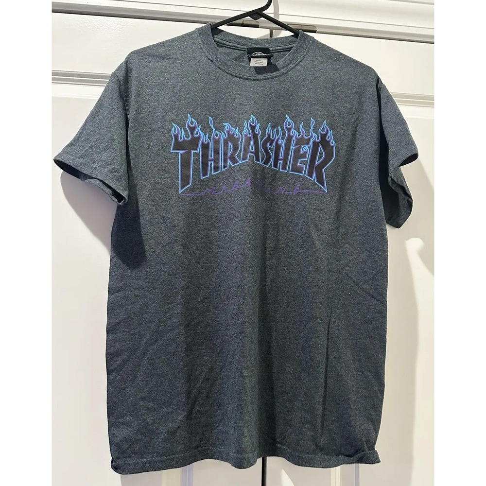 Thrasher Magazine Skateboard  Tshirt Size M Gray With Blue Flames